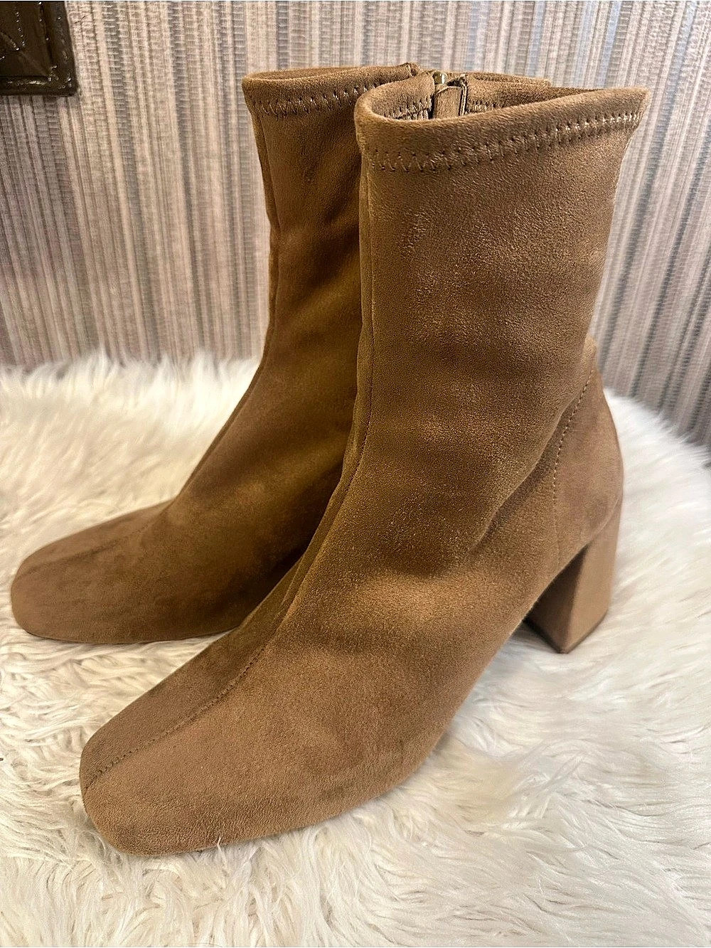 Target Tan Faux Suede Square Toe Ankle Boots Block Heel Size 7.5